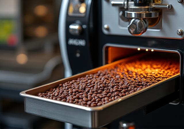 A specialty coffee roasting machine with a batch of beans cooling in the tray, representing local artisan roasting