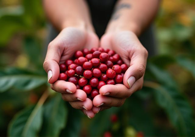 Farmer holding a handful of fresh red coffee cherries, symbolizing ethical sourcing
